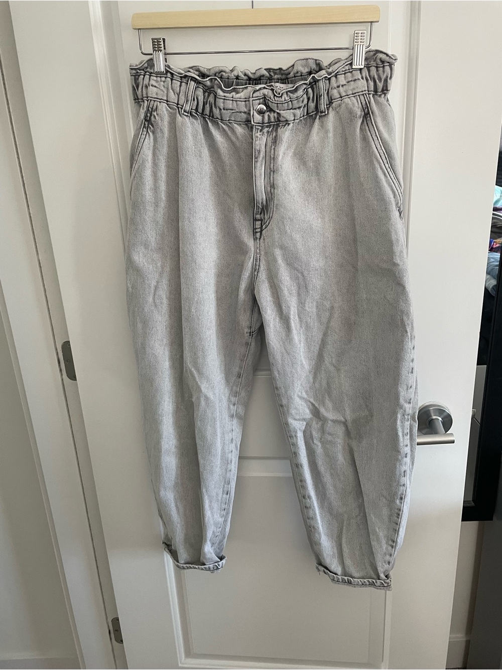 Zara Washed Gray Paperbag Waist Boyfriend Jeans